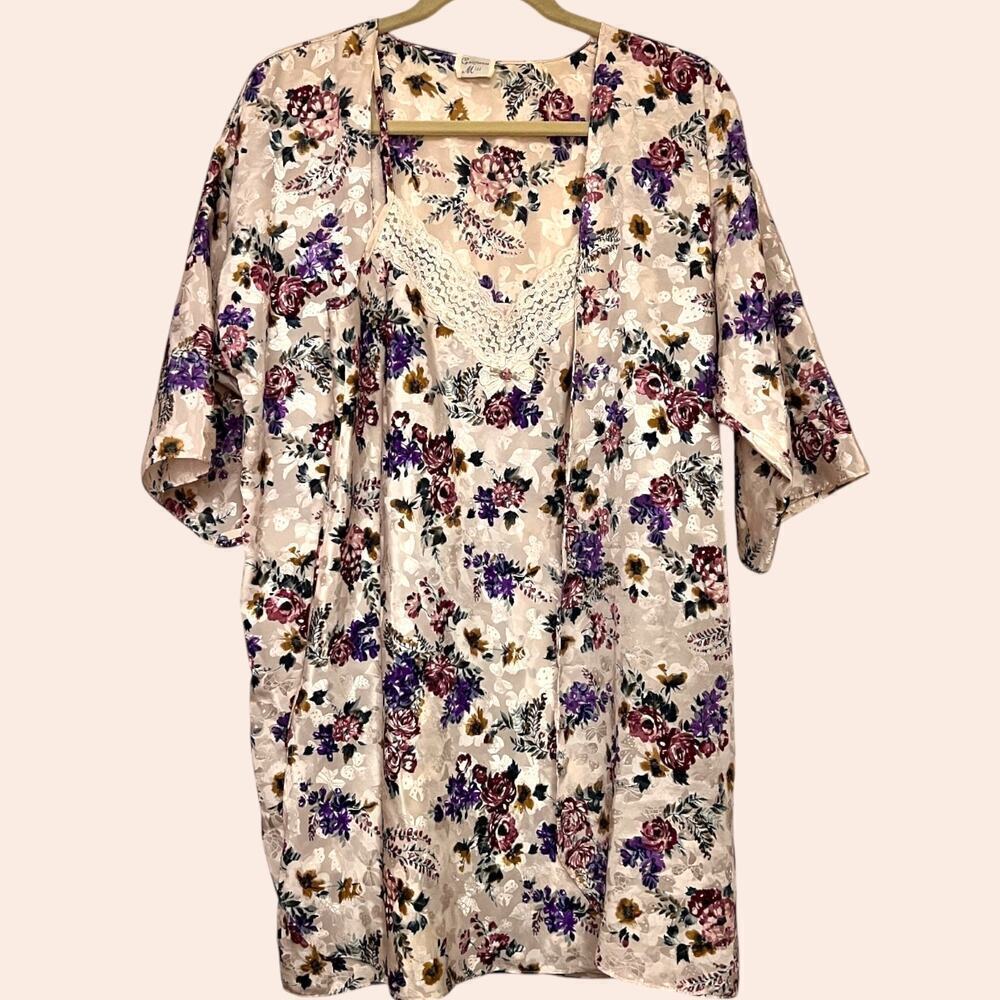 Vintage California Miss Set Size Small Purple Floral Satin Nightgown Robe - Picture 3 of 10